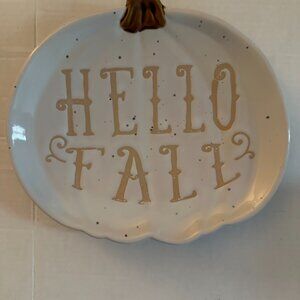 Hello Fall Ceramic Pumpkin Plate – White & Gold Autumn Decor